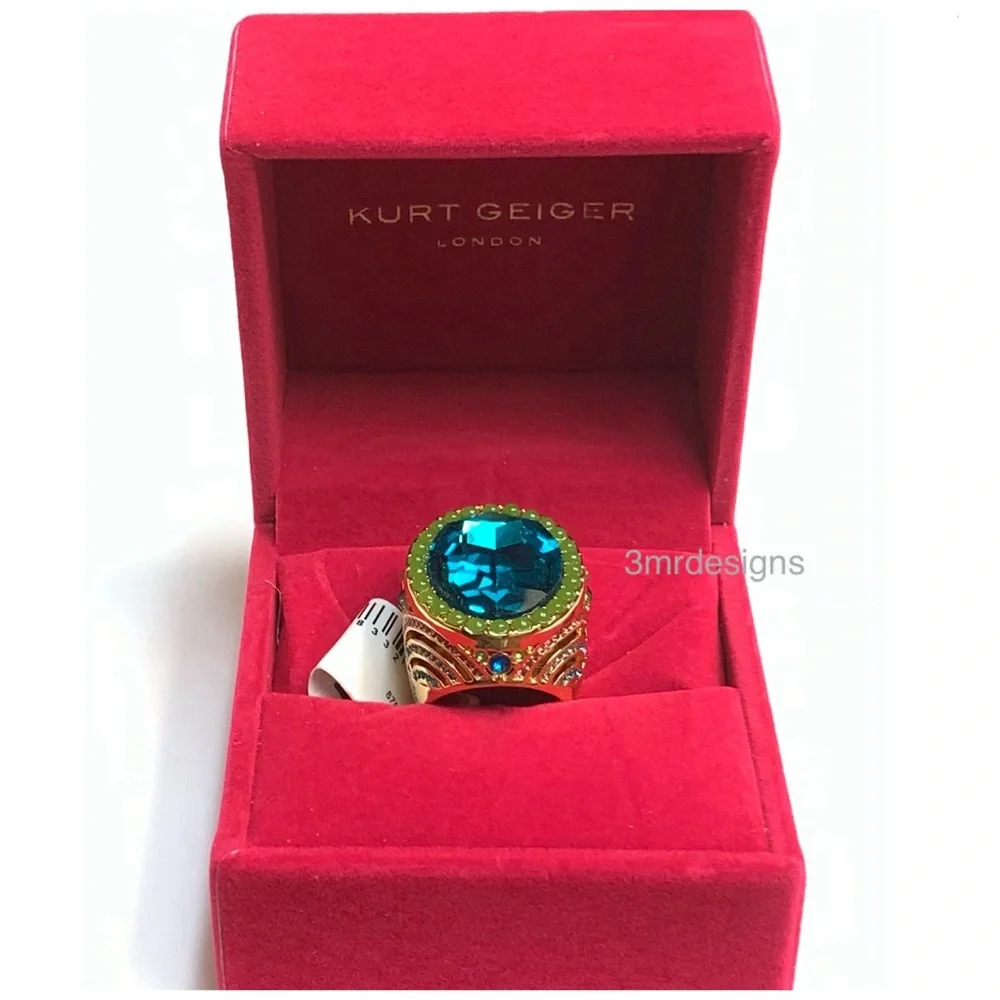 NWT KURT GEIGER LONDON Oval-Cut Gold Tone Turquoise CZ Crystal X-Large Ring - Picture 3 of 12